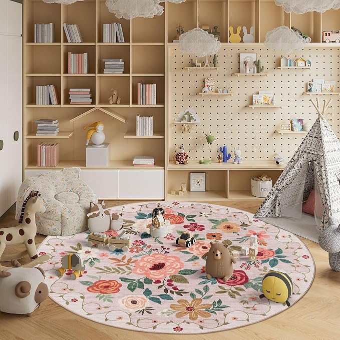 DUKINO Floral Round Rug, 6ft Washable Circle Rug, Non Slip Indoor Low Pile Circle Rug, Soft Small Boho Design Carpet for Bedroom, Entryway, Living Room, Dining Room, Beige