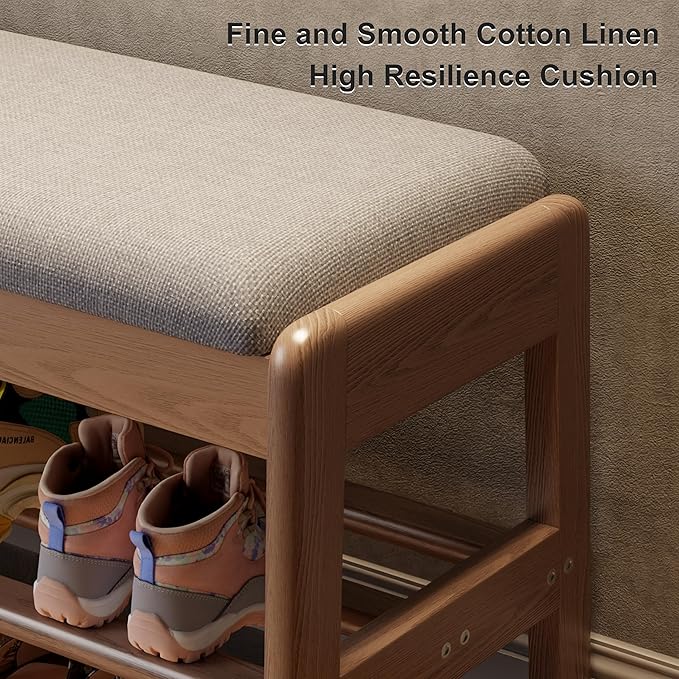 AQIMUELE Shoe Rack Bench,2 Tiers Shoe Bench with Storage with Flip-Top,Wood Shoe Rack for Entryway,Hallway(Walnut Upholstered Seat,11.8" D x 39.3" W x 15.7" H