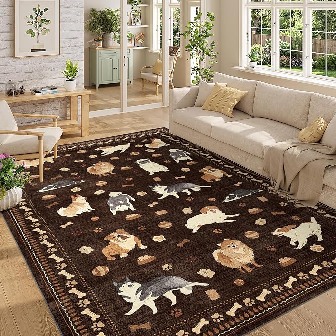 DUKINO 6x9 Rug for Living Room, Lightweight Animal Dog Print Washable Area Rug, Soft Non Slip & Low Pile Floor Mat, Stain Resistant Large Carpet for Bedroom, Nursery, Dining Room, Kids Playroom, Brown