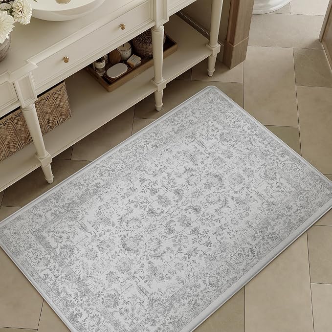 PureCozy Kitchen Mats for Floor Anti Fatigue Cushioned Gray Vintage Kitchen Mats Waterproof Non Slip Comfort Standing Grey Retro Floral Rug for Sink Laundry Office Bathroom 17.3"x30"