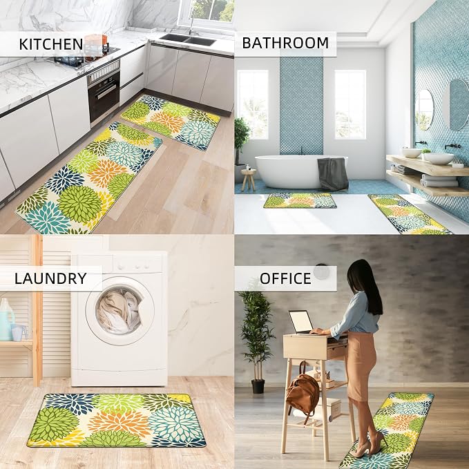 Kitchen Mats Set of 2 Cushioned Anti Fatigue Kitchen Rugs Mats Non Slip Waterproof Kitchen Runner Memory Foam Floor Mat Comfort Standing Mat for Sink,Office,Laundry, Multi Green