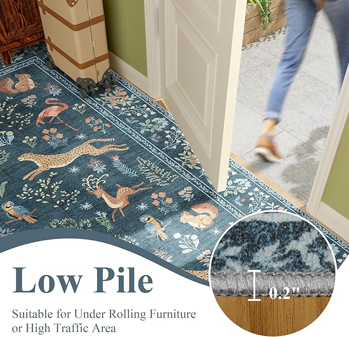 DUKINO 5x7 Rug, Washable Animal Living Room Rug with Non Slip Vintage Design, Soft Low Pile Large Carpet for Bedroom, Nursery, Dining Room, Farmhouse, Playroom, Blue