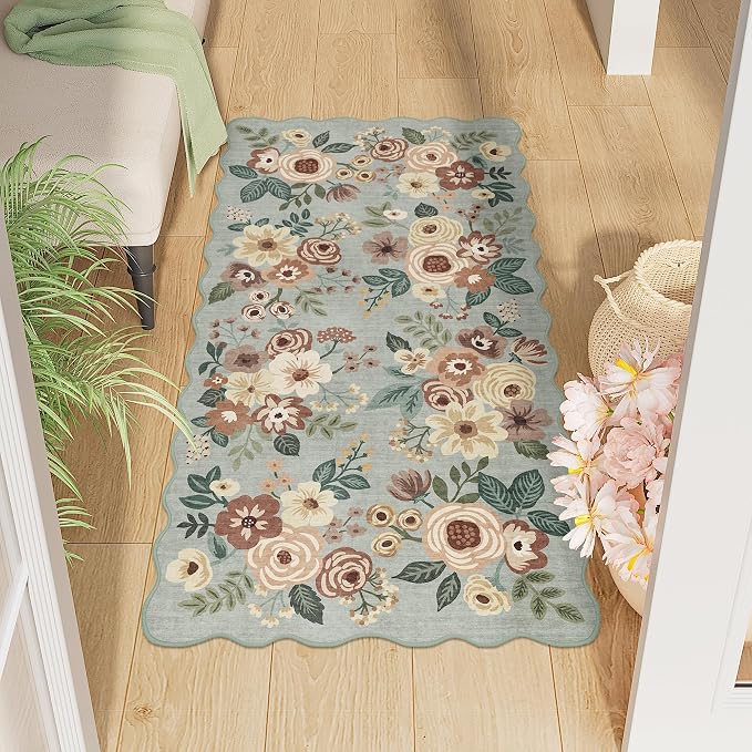 DUKINO 2x4 Washable Runner Rugs, Non Slip Floral Print Entryway Rug with Soft Low Pile, Lightweight Mat for Living Room, Bathroom, Bedroom, Kitchen, Sage Green