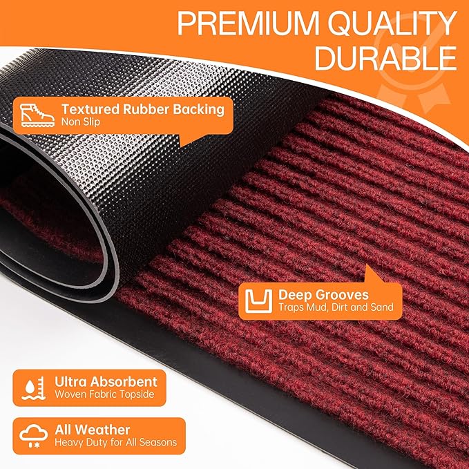 Indoor Outdoor Door Mat, 5' x 4' Doormat for Entryway, Rubber Backing Non Slip Front Door Mat Outside Entrance, Super Absorbent Commercial Floor Mat for Home Office, Red