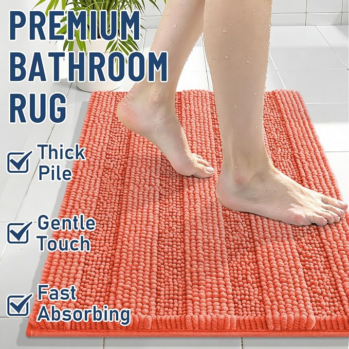 Grandaily Chenille Striped Bathroom Rugs 30x20, Extra Thick and Absorbent Bath Mats, Non-Slip Soft Plush Shaggy Shower Carpet, Machine Wash Dry, Bath Rug for Bathroom, (Medium, Coral Orange)