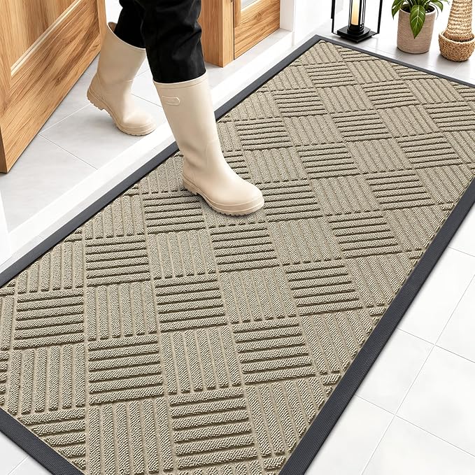 OLANLY Front Door Mat Outside Entrance 59x23, Absorbent, Heavy Duty Sturdy Natural Rubber Doormat Indoor Outdoor, Stain and Fade Resistant, Non-Slip Low Profile Floor Mat for Entryway, Beige Diamond