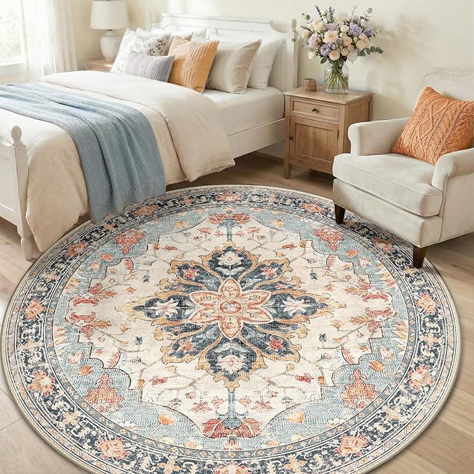 RELEANY Area Rugs Round 6ft Washable Non-Slip, Floral Vintage Distress Medallion Carpet for Living Room Bedroom Dining Room, Beige Navy Blue Orange Colorful