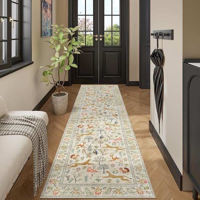 DUKINO Washable 2.6x10 Runner Rug, Non Slip Animal Print Runner Rug for Hallway, Vintage Low Pile & Stain Resistant Soft Indoor Carpet Runner for Kitchen, Bathroom, Laundry, Bedroom, Beige