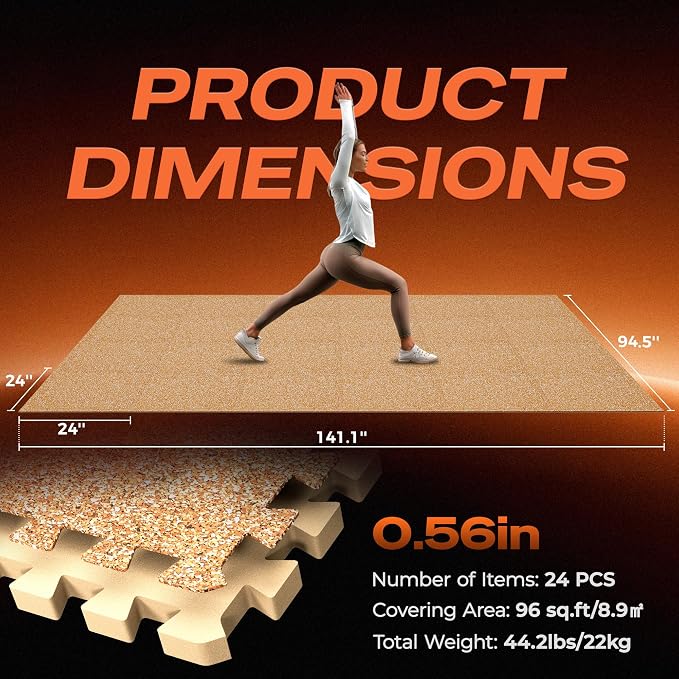 SUPERJARE 0.56'' Thick 24 Pcs 96 Sq Ft Rubber Top Exercise Equipment Mats, High Density EVA Foam Mats with Rubber Top, Interlocking Gym Flooring for Home Gym, Protective Workout Mat, Wood