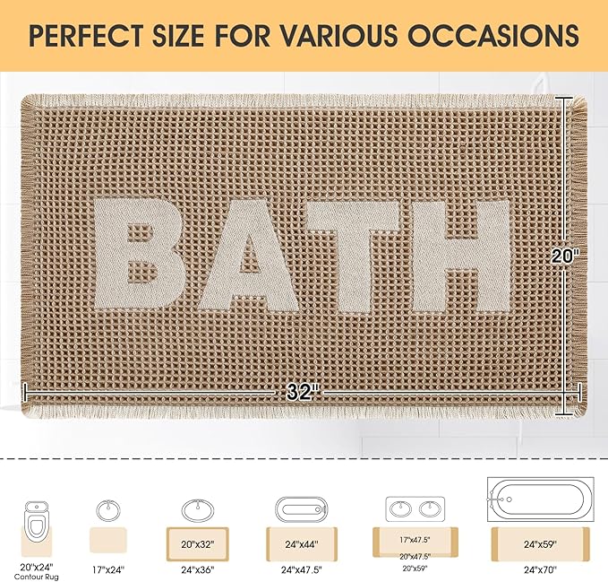 Waffle Bath Mat, Boho Woven Modern Bath Rug Absorbent Non Slip, Ultra Soft Bathroom Mat, Machine Washable Knit Bath Rugs with Bath Letter for Bathroom, Bedroom, Kitchen, Shower, 32"x20", Beige & White