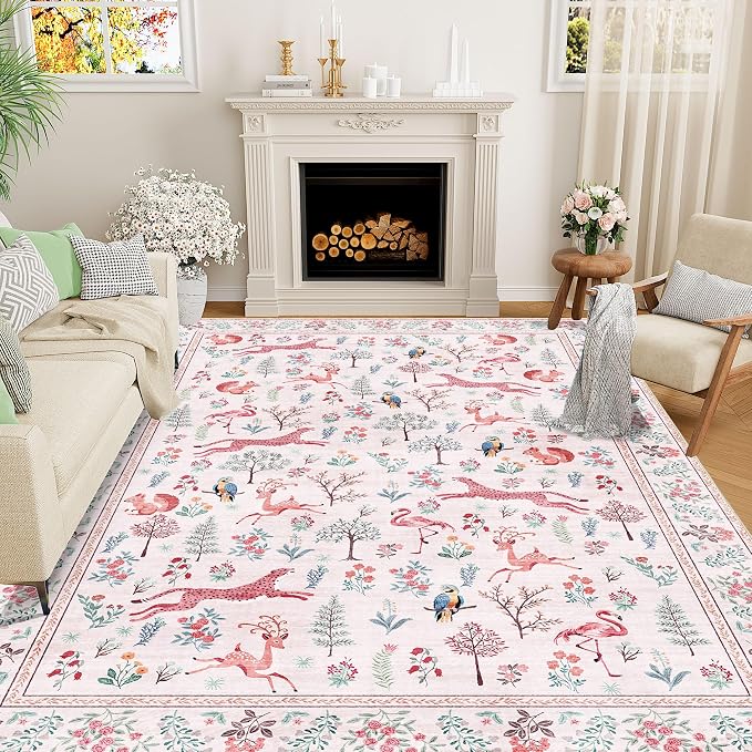 DUKINO 8x10 Rug, Washable Animal Living Room Rug with Non Slip Vintage Design, Soft Low Pile Large Carpet for Bedroom, Nursery, Dining Room, Farmhouse, Playroom, Pink