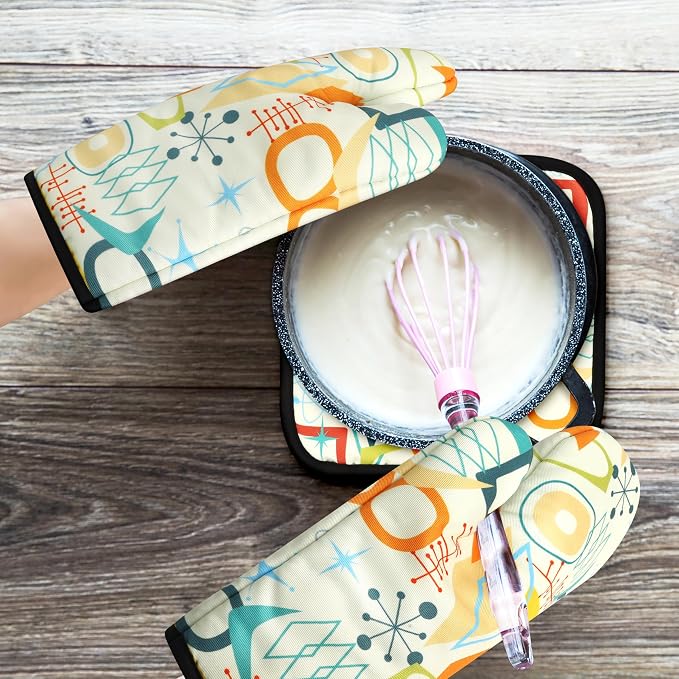 Mid Century Modern Oven Mitts and Pot Holders Sets Washable Oven Gloves Heat Resistant 4 Pcs Decorative Kitchen Hot Pads and Mitts for Baking Cooking Grilling