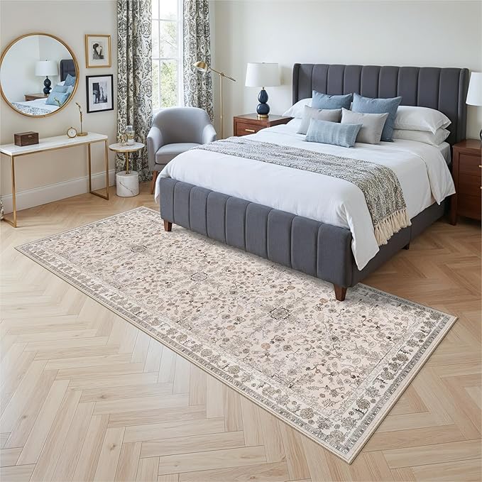 3x8 Hallway Runner Rug Washable Non-Slip – Boho Floral Soft Wide Carpet Runner for Kitchen Entryway Bathroom Bedroom – Low-Pile Thin Floor Mat with Rubber Backing (Beige,3x8)