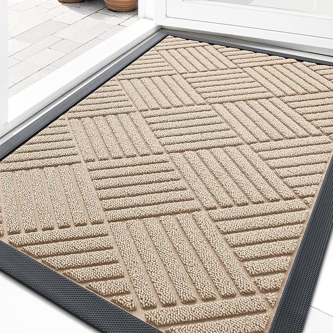 OLANLY Front Door Mat Outside Entrance 29.5x17, Absorbent, Heavy Duty Sturdy Natural Rubber Doormat Indoor Outdoor, Stain Fade Resistant, Non-Slip Low Profile Floor Mat Entryway, Latte White Diamond