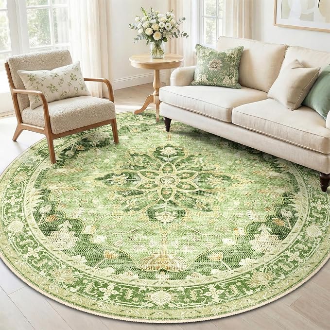 RELEANY Area Rugs Round 6ft Washable Non-Slip, Floral Vintage Distress Medallion Carpet for Living Room Bedroom Dining Room, Sage Green Yellow