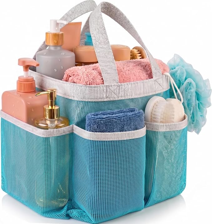 Handy Laundry Mesh Shower Caddy - 7 Pocket Portable Bathroom Organizer Tote for Travel, Gym & Dorm - Collapsible Small Shower Caddy Bag to Hold Toiletries & Essentials (Blue)