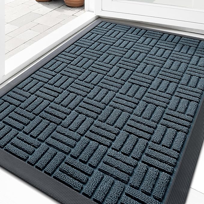 OLANLY Front Door Mat Outside Entrance 33x21, Absorbent, Heavy Duty Sturdy Natural Rubber Doormat Indoor Outdoor, Non-Slip, Stain and Fade Resistant, Low Profile Floor Mat for Entryway, Lake Blue