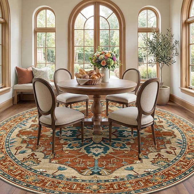 RELEANY Area Rugs Round 8ft Washable Non-Slip, Floral Vintage Distress Medallion Carpet for Living Room Bedroom Dining Room, Red Orange Blue Brown