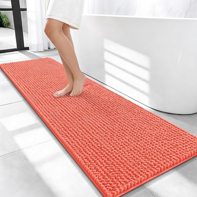 OLANLY Thick Bathroom Runner Rugs 59x20, Extra Soft Absorbent Chenille Bath Rugs, Rubber Backing, Machine Wash Dry, Long Bath Mats for Bathroom Floor, Tub and Shower, Home Decor Accessories, Coral