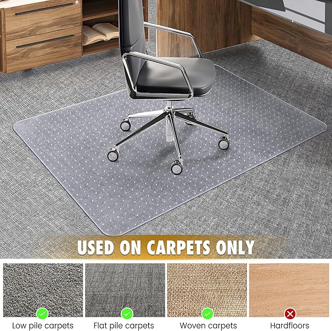 BesWin Office Chair Mat for Carpet, 32" x 48" Heavy Duty Hard Computer Desk Chair Mat for Carpeted Floors, Anti-Slip Carpet Floor Protector Mat for Office Chair, Smooth Glide, Ship Flat