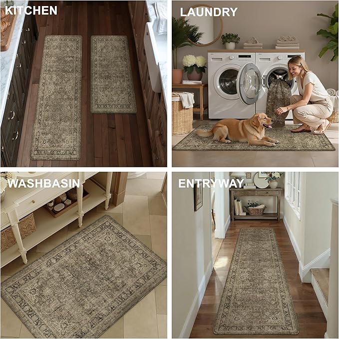 Vintage Kitchen Mats for Floor Anti Fatigue Waterproof Kitchen Rug Brown Cushioned Non-Slip Kitchen Mats Comfort Standing Mat for Sink Laundry Office 17.3"×59"