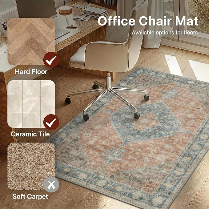 48"x72" Office Chair Mat for Hardwood Tile Floor, Under Desk Carpet Protector for Rolling Computer Chair Mat, Machine Washable Area Rug, Anti-Slip 1/5" Thick Low Pile Thin Vinyl Floor Mat, Terracotta