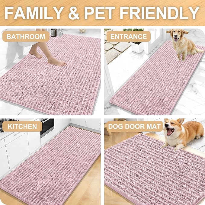 OLANLY Long Bathroom Rugs Runner 47x24, Thick Soft and Absorbent Chenille Bath Mat, Non-Slip, Machine Washable Quick Dry Bath Rugs for Tub Shower Floor, Home Decor Accessories, Dusty Rose