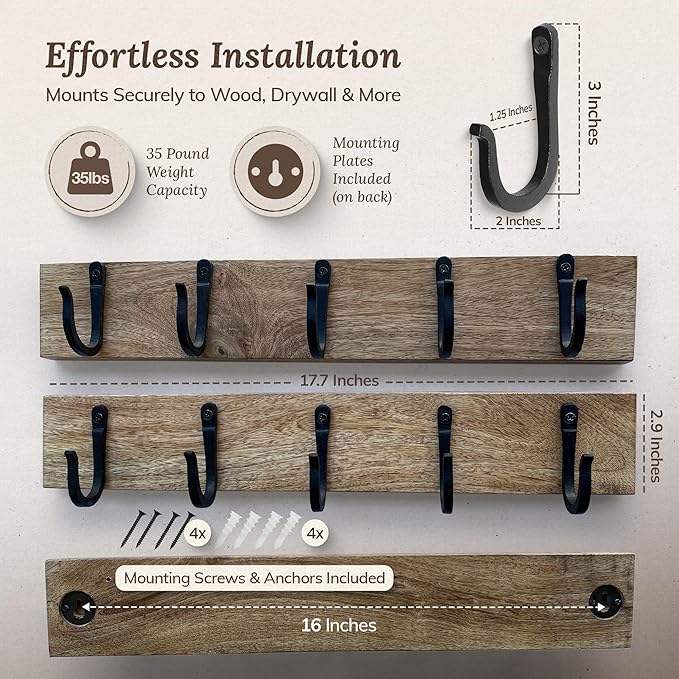 Cast Iron Spike Hooks (10 Hooks) Mounted on Two Natural Hardwood Boards (2 Pack) Decorative, Farmhouse Vintage Entry Hooks for Hanging Coats, Bags, Hats, etc (Black Hooks)