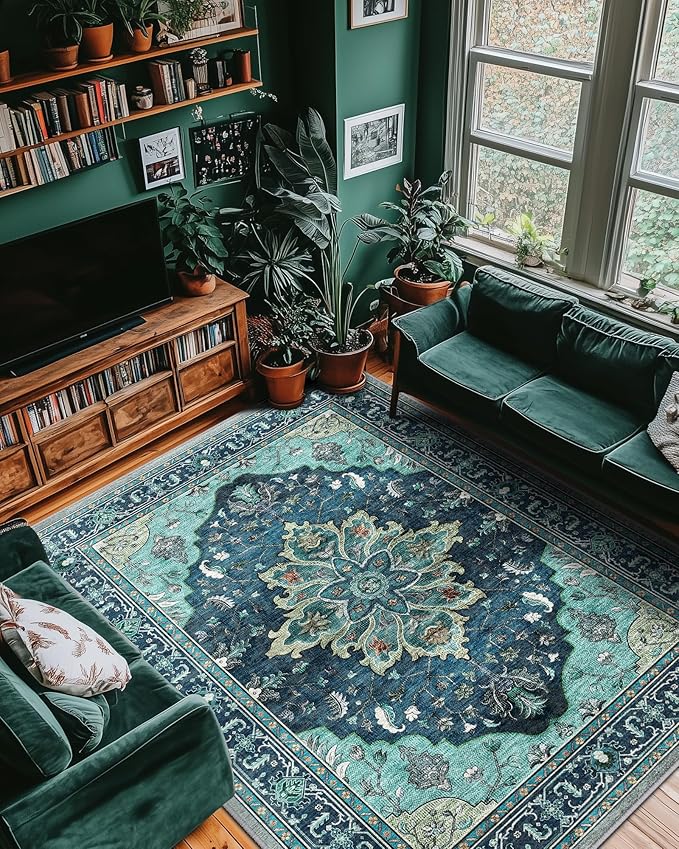 RELEANY Area Rugs 8'x10' Washable Non-Slip, Floral Vintage Distress Medallion Carpet for Living Room Bedroom Dining Room, Teal Green Lake Blue Turquoise