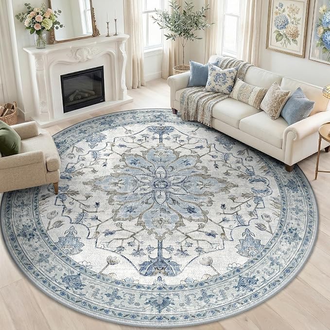 RELEANY Area Rugs Round 7ft Washable Non-Slip, Floral Vintage Distress Medallion Carpet for Living Room Bedroom Dining Room, Light Blue Navy Gray White