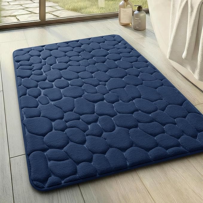 YIHOUSE Memory Foam Bath Mat Cobblestone Bathroom Rugs Super Water Absorbent Bath Mats for Bathroom Machine Washable Bath Rugs(17x24,Dark Blue)