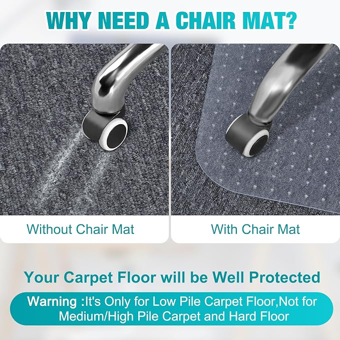 BesWin Office Chair Mat for Carpet, 48'' x 60'' Clear Floor Mat for Low and No Pile Carpeted Floors, Thick and Sturdy Carpet Protector for Work, Home, Gaming, Easy Glide and Flat Without Curling