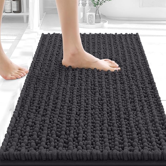 OLANLY Bathroom Rug Mat 24x16, Thick Soft and Absorbent Chenille Bath Mat, Non-Slip Rubber Backing, Machine Washable Quick Dry Bath Rugs for Tub Shower Floor, Home Decor Accessories, Dark Grey