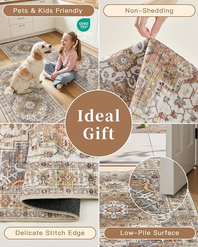 Madane 2-Piece Kitchen Runner Rug Set, Small Area Rug Non-Slip Vintage Door Mat Indoor Entrance, Low Pile Floor Carpet for Inside Front Door Bedroom Entryway Entry Laundry (2x3+2x4, Turmeric/Grey)