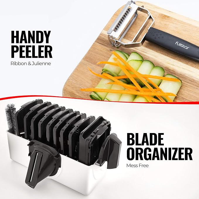 Fullstar Mandoline Slicer for Kitchen, Fruit Cutter, Cheese Grater, Cucumber Slicer, Veggie Spiralizer, Food Cutter & Kitchen Gadgets & Gifts with Safety Glove (11 in 1, White)