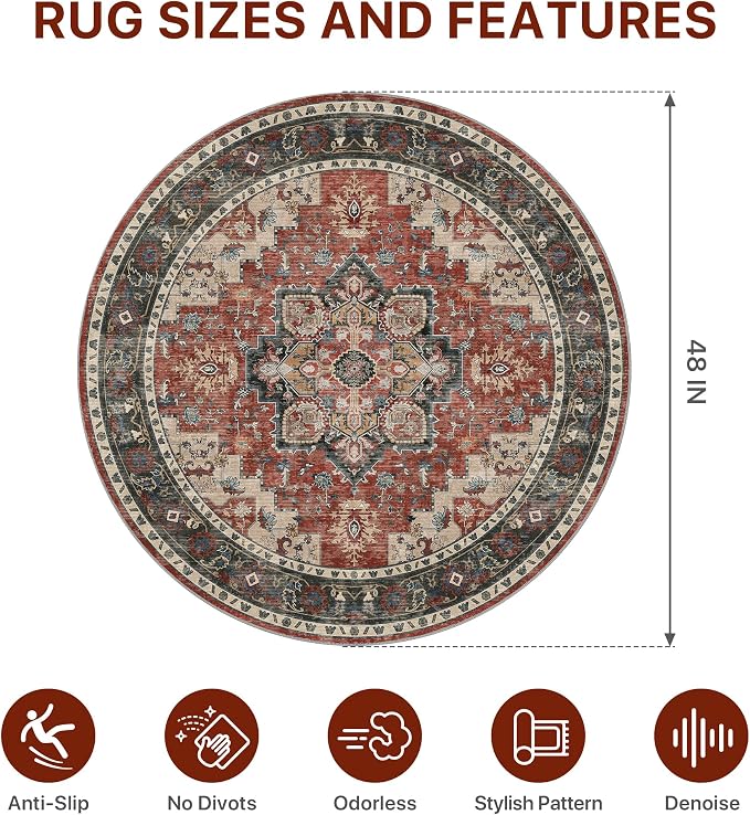 48"x48" Office Chair Mat for Hardwood Tile Floor, Under Desk Carpet Protector for Rolling Computer Chair Mat, Machine Washable Round Area Rug, Anti-Slip 1/5" Thick Low Pile Thin Floor Mat, Annatto