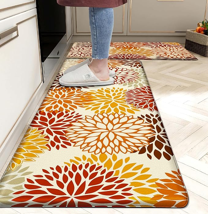 Orange Fall Kitchen Mats for Floor, Cushioned Anti Fatigue Memory Foam Kitchen Rugs Set of 2, Non Slip Waterproof Kitchen Runner Floor Mat, Comfort Standing Mat for Sink, Laundry, Autumn Home Decor