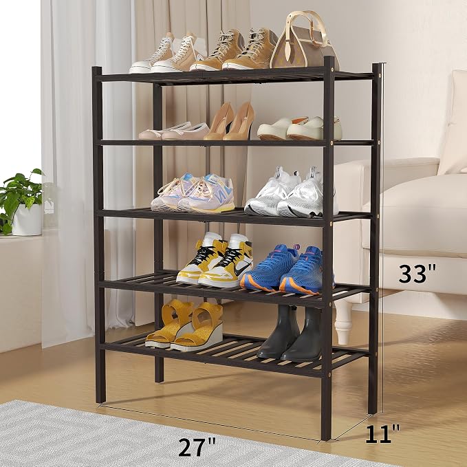 ROMGUAR CRAFT 5 Tier Bamboo Shoe Rack for Closet Free Standing Wood Shoe Shelf for Entryway Small Space Stackable 27"x11"x33" (Brown)