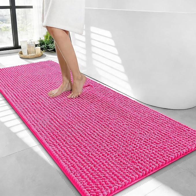 OLANLY Thick Bathroom Runner Rugs 44x24, Extra Soft Absorbent Chenille Bath Rugs, Rubber Backing, Machine Wash Dry, Long Bath Mats for Bathroom Floor, Tub and Shower, Home Decor Accessories, Hot Pink