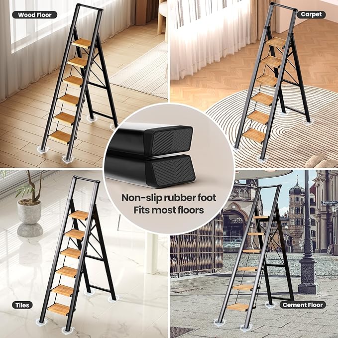 SOLADDER 6 Step Ladder for 12 Ft High Ceiling, Folding Step Stool with Handgrip & Anti-Slip Wide Pedal, Portable Aluminum Stepladder for Kitchen, Home (300 lbs Capacity) - Black+Wood Grain