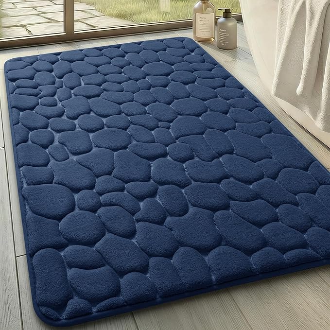 YIHOUSE Memory Foam Bath Mat Cobblestone Bathroom Rugs Super Water Absorbent Bath Mats for Bathroom Machine Washable Bath Rugs(24 x 36,Dark Blue)