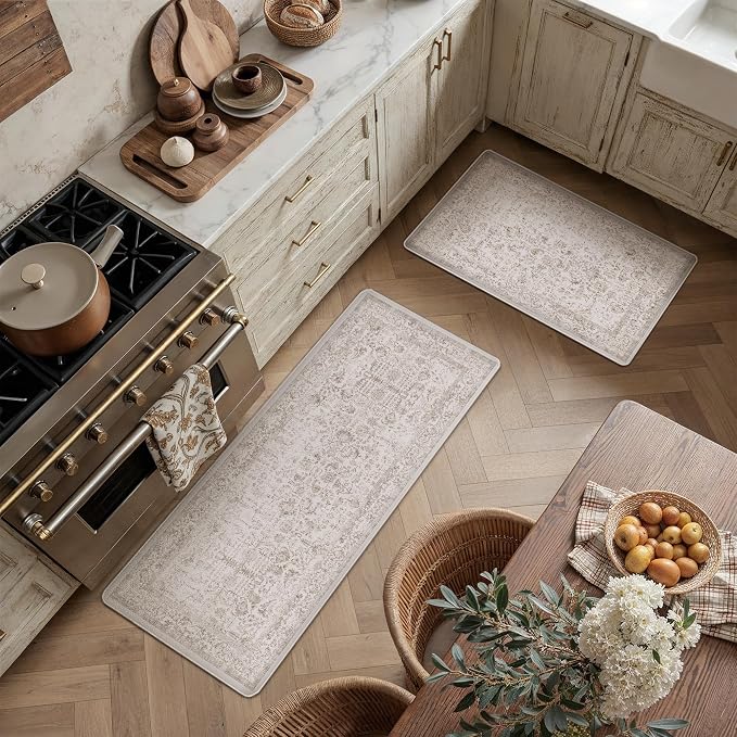 PureCozy Kitchen Mats 2PCS Anti Fatigue Cushioned Mat Light Brown Vintage Kitchen Mats for Floor Waterproof Non Slip Comfort Standing Retro Floral Rug for Sink Laundry Office 17.3"x47"+17.3"x30"