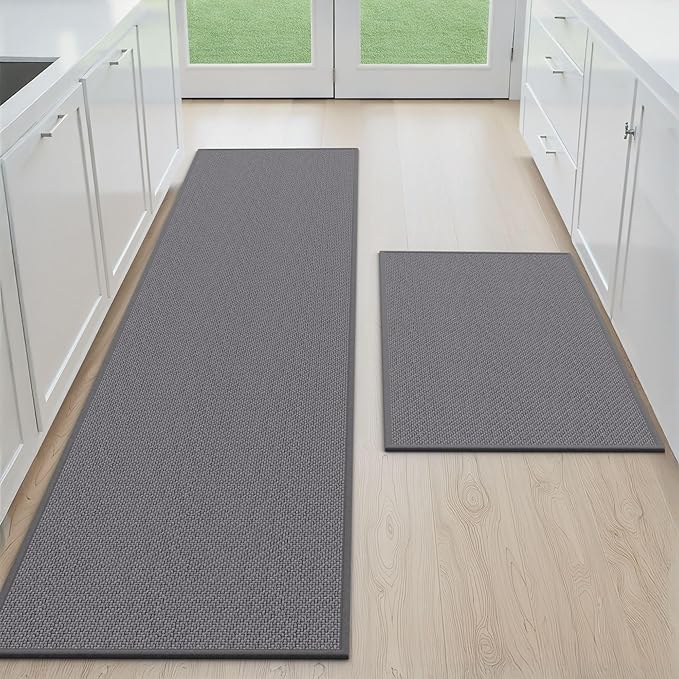 Kitchen Mats for Floor 2 Piece - Kitchen Rugs Non Slip Washable 20"x32"+20"x71", Grey