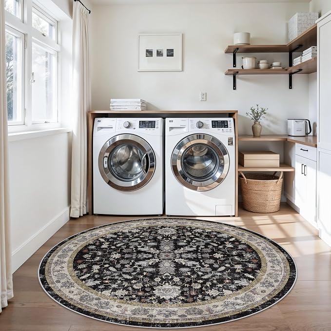 6ft Round Kitchen Rug Washable - Non-Slip Soft Low Pile Circle Area Rug for Under Table Living Room Dining Room Bedroom – Boho Floral Circular Floor Indoor Carpe (Black,6x6)