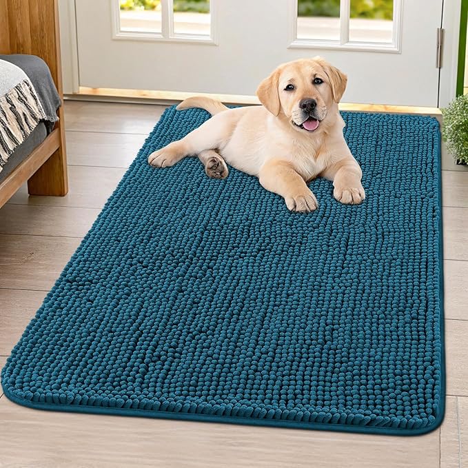 Smiry Dog Door Mat for Muddy Paws 40x32, Absorbent Dirt Trapper, Non-Slip Washable Chenille Entryway Rug for Inside Floor, Atlantic Blue, Classic Solid
