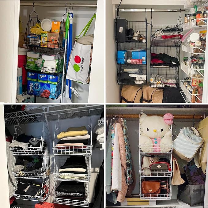 X-cosrack 3-Tier Hanging Closet Organizer, Laundry Room Organization | Space Saving Shelves with 1.65" Hook & 5 S-Hooks | Hanging Wire Baskets (12.4" W x 8.8" H x 10.24-11.8" D)