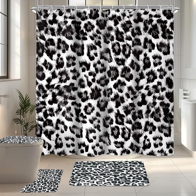 4 PCS Black Leopard Print Shower Curtain Set 72Wx72H,Toilet Lid Cover,Non-Slip Rugs and U-Shaped Mat,Wild Cheetah Bathroom Sets with Rugs Shower Accessories 12 Hooks for Bathroom Decor