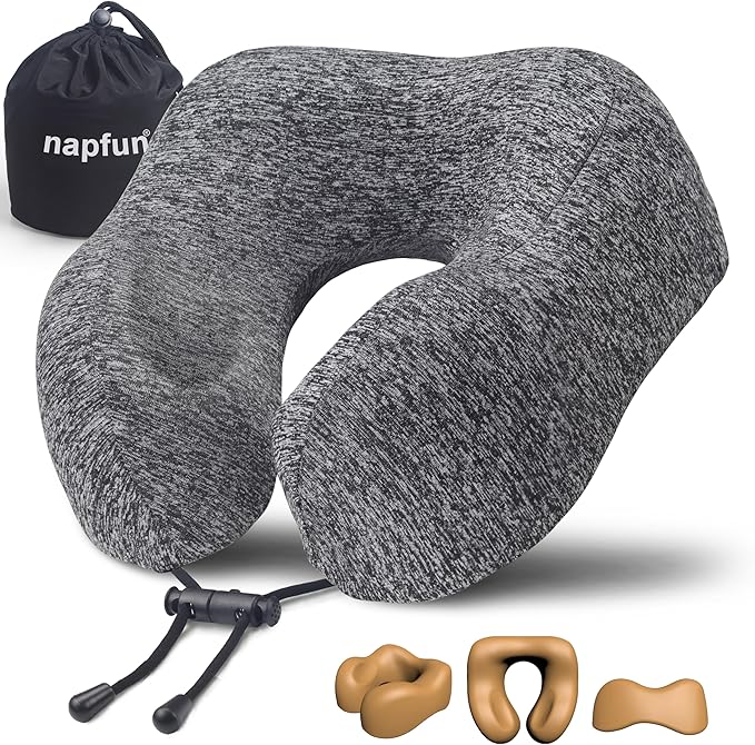 napfun Neck Pillow for Traveling, Upgraded Travel Neck Pillow for Airplane 100% Pure Memory Foam Travel Pillow for Flight Headrest Sleep, Portable Plane Accessories, Full Grey