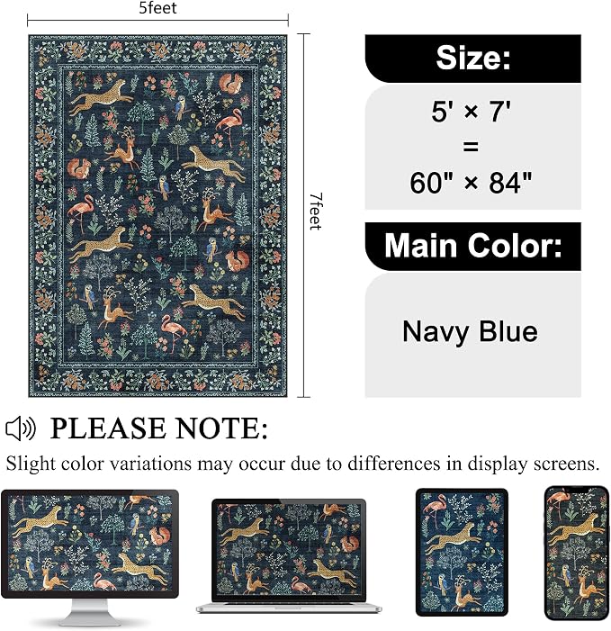 DUKINO 5x7 Rug, Washable Animal Living Room Rug with Non Slip Vintage Design, Soft Low Pile Large Carpet for Bedroom, Nursery, Dining Room, Farmhouse, Playroom, Navy Blue