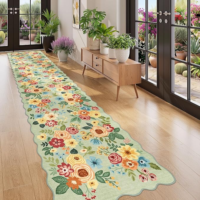 DUKINO Washable 2.6x12 Runner Rug for Hallway, Non Slip Floral Washable Kitchen Rug with Low Pile Design, Boho Stain Resistant Floor Carpet Runner for Entryway, Bathroom, Laundry, Bedroom, Green